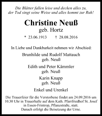 Traueranzeige von Christine Neuß von Borbeck Kurier