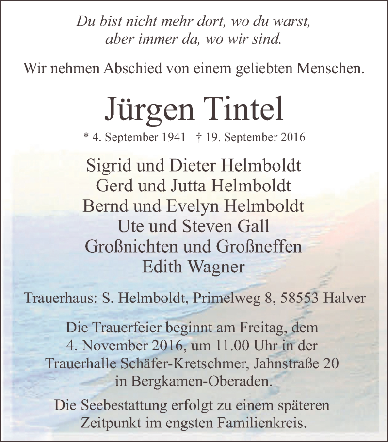  Traueranzeige für Jürgen Tintel vom 28.09.2016 aus Lüner Anzeiger