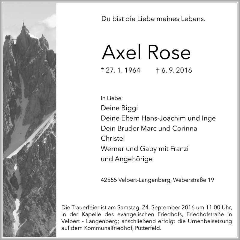  Traueranzeige für Axel Rose vom 17.09.2016 aus Stadtanzeiger Velbert + Heiligenhaus