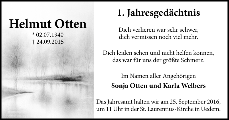  Traueranzeige für Helmut Otten vom 17.09.2016 aus Gocher Wochenblatt