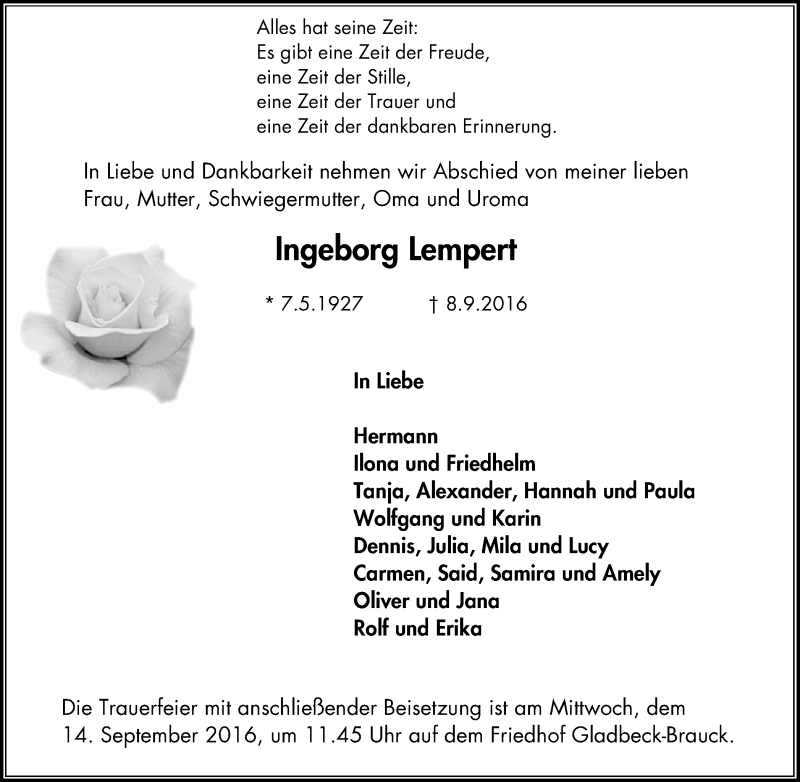  Traueranzeige für Ingeborg Lempert vom 14.09.2016 aus Stadtspiegel Gladbeck