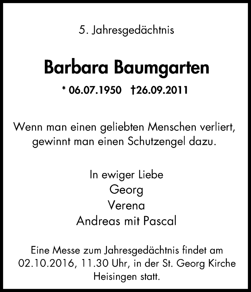  Traueranzeige für Barbara Baumgarten vom 28.09.2016 aus Ruhr Kurier