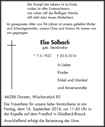 Traueranzeige von Else Solbach von Stadtspiegel Gladbeck