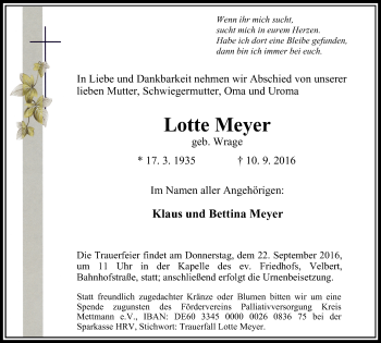 Traueranzeige von Lotte Meyer von Stadtanzeiger Velbert + Heiligenhaus