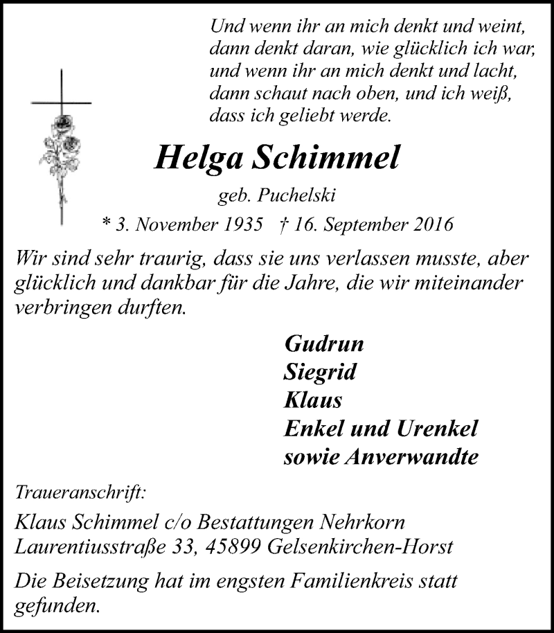  Traueranzeige für Helga Schimmel vom 24.09.2016 aus Stadtspiegel Gelsenkirchen