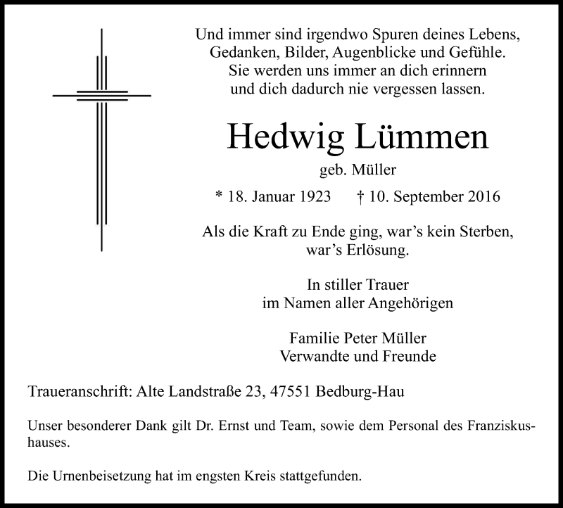  Traueranzeige für Hedwig Lümmen vom 28.09.2016 aus Klever Wochenblatt