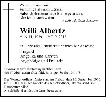 Traueranzeige von Willi Albertz von Wochen-Anzeiger Oberhausen