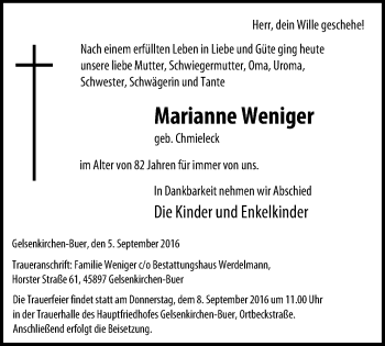 Traueranzeige von Marianne Weniger von Stadtspiegel Gelsenkirchen