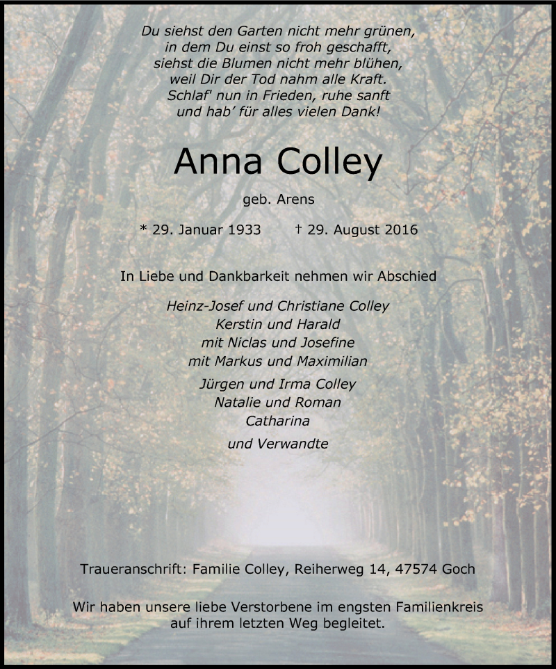  Traueranzeige für Anna Colley vom 10.09.2016 aus Gocher Wochenblatt