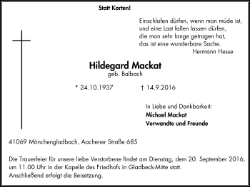 Traueranzeige von Hildegard Mackat von Stadtspiegel Gladbeck