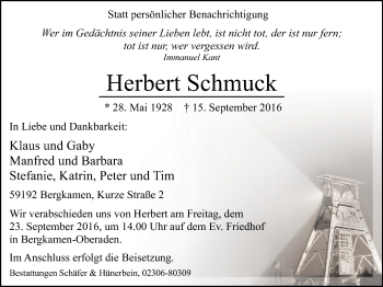 Traueranzeige von Herbert Schmuck von Stadtspiegel Kamen + Unna
