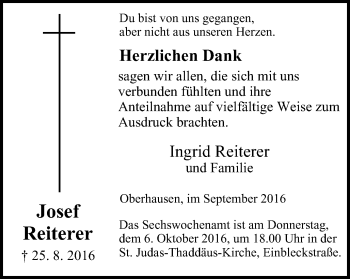 Traueranzeige von Josef Reiterer von Wochen-Anzeiger Oberhausen