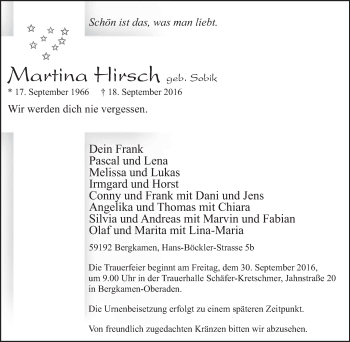 Traueranzeige von Martina Hirsch von Stadtspiegel Kamen + Unna