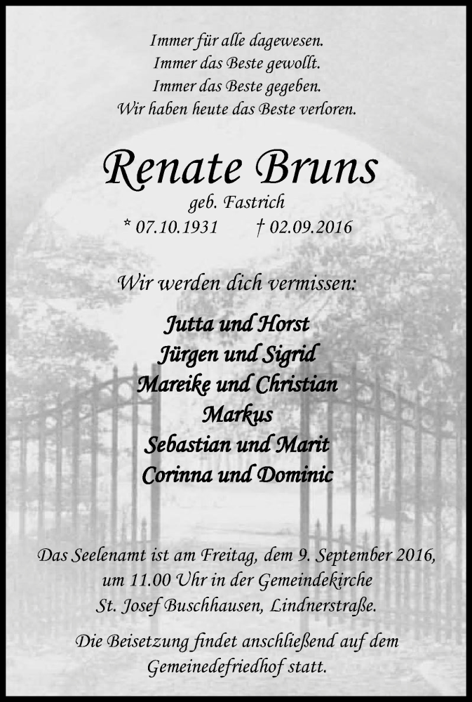  Traueranzeige für Renate Bruns vom 07.09.2016 aus Wochen-Anzeiger Oberhausen