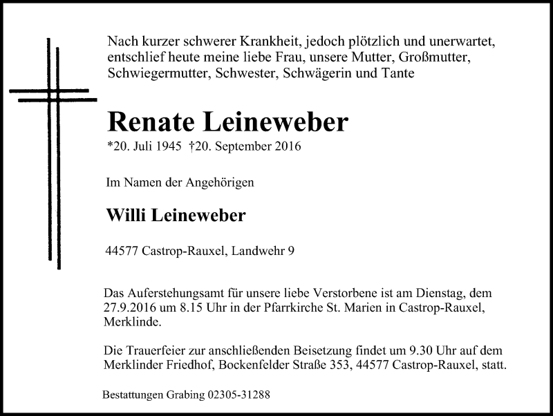  Traueranzeige für Renate Leineweber vom 24.09.2016 aus Stadtanz.Castrop-Rauxel