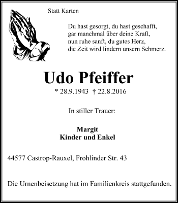 Traueranzeige von Udo Pfeiffer von Stadtanz.Castrop-Rauxel