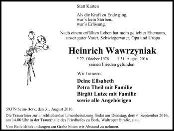 Traueranzeige von Heinrich Wawrzyniak von Lüner Anzeiger