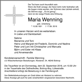 Traueranzeige von Maria Wenning von Stadtspiegel Bottrop