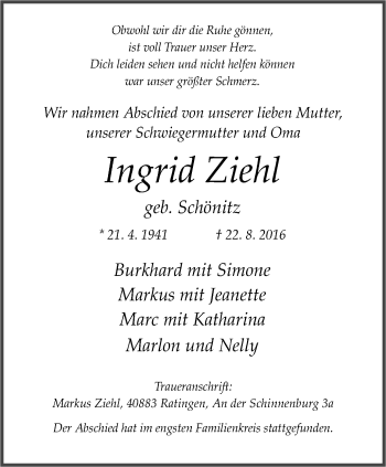 Traueranzeige von Ingrid Ziehl von Mülheimer Woche
