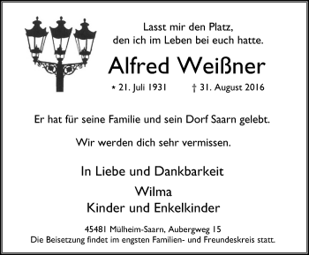 Traueranzeige von Alfred Weißner von Mülheimer Woche