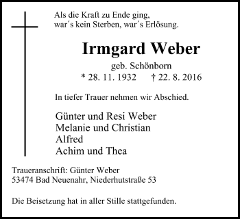 Traueranzeige von Irmgard Weber von Wochen-Anzeiger Oberhausen