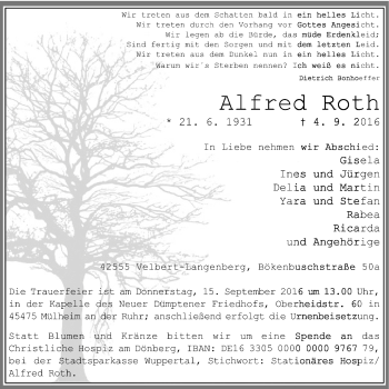 Traueranzeige von Alfred Roth von Stadtanzeiger Velbert + Heiligenhaus