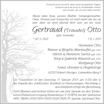 Traueranzeige von Gertraud Otto von Stadtanzeiger Velbert + Heiligenhaus