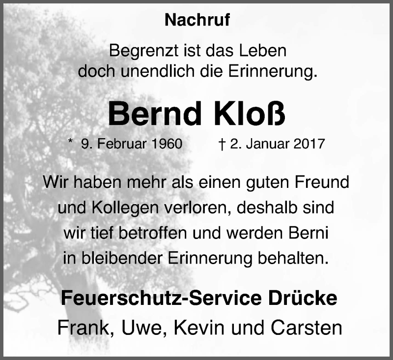  Traueranzeige für Bernd Kloß vom 07.01.2017 aus Lüner Anzeiger