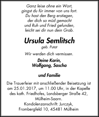 Traueranzeige von Ursula Semlitsch von Mülheimer Woche