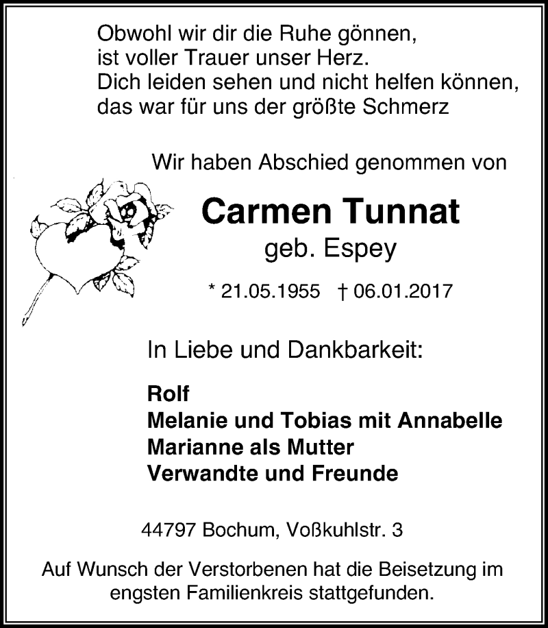  Traueranzeige für Carmen Tunnat vom 21.01.2017 aus Stadtspiegel Bochum
