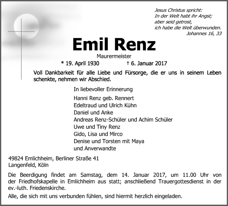  Traueranzeige für Emil Renz vom 11.01.2017 aus Wochen-Anzeiger Langenfeld/Monheim/Hilden