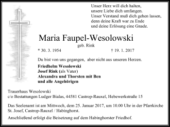 Traueranzeige von Maria Faupel-Wesolowski von Stadtanz.Castrop-Rauxel
