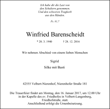 Traueranzeige von Winfried Barenscheidt von Stadtanzeiger Velbert + Heiligenhaus