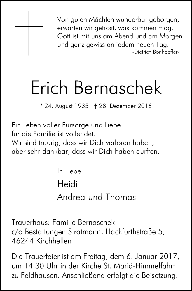  Traueranzeige für Erich Bernaschek vom 04.01.2017 aus Stadtspiegel Bottrop