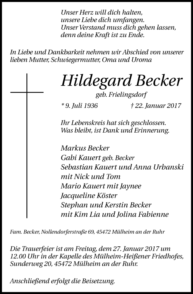 Traueranzeigen Von Hildegard Becker | Trauer-in-NRW.de