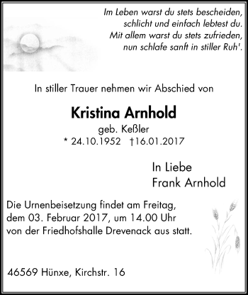 Traueranzeige von Kristina Arnhold von Der Weseler + Der Xantener