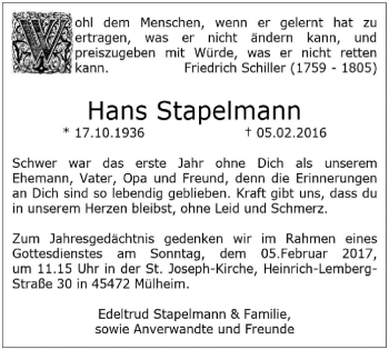 Traueranzeige von Hans Stapelmann von Mülheimer Woche