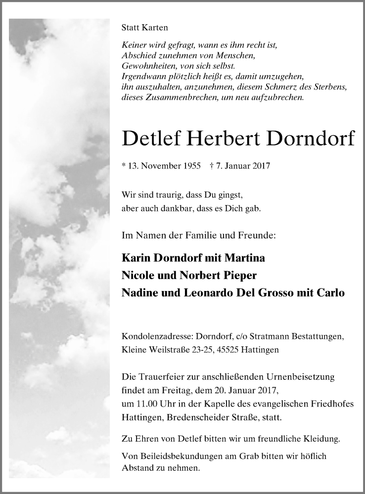  Traueranzeige für Detlef Herbert Dorndorf vom 14.01.2017 aus Stadtspiegel Bochum