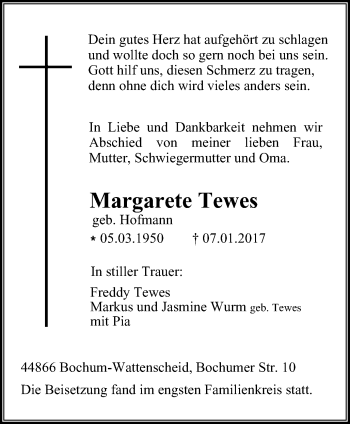 Traueranzeige von Margarete Tewes von Stadtspiegel Wattenscheid