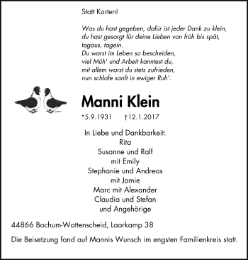 Traueranzeige von Manni Klein von Stadtspiegel Bochum + Wattenscheid