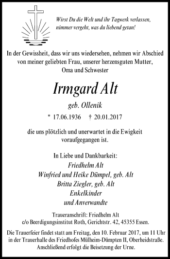 Traueranzeige von Irmgard Alt von Wochen-Anzeiger Oberhausen