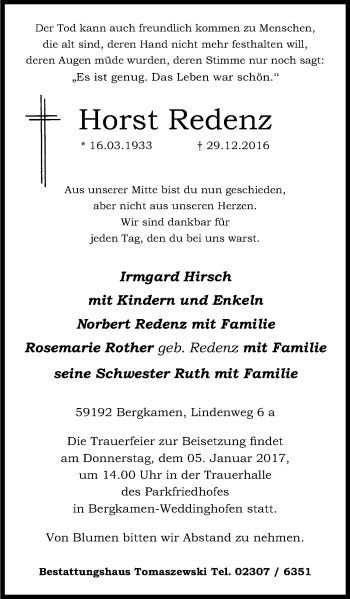 Traueranzeige von Horst Redenz von Stadtspiegel Kamen + Unna