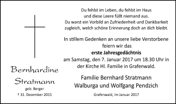 Traueranzeige von Bernhardine Stratmann von Stadtspiegel Bottrop