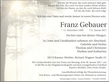 Traueranzeige von Franz Gebauer von Lüner Anzeiger