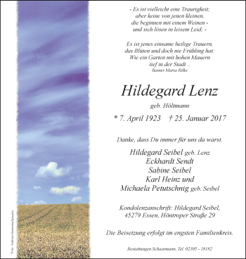 Traueranzeige von Hildegard Lenz von Stadtanz.Castrop-Rauxel