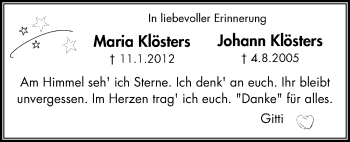 Traueranzeige von Maria und Johann Klösters von Wochen-Anzeiger Oberhausen