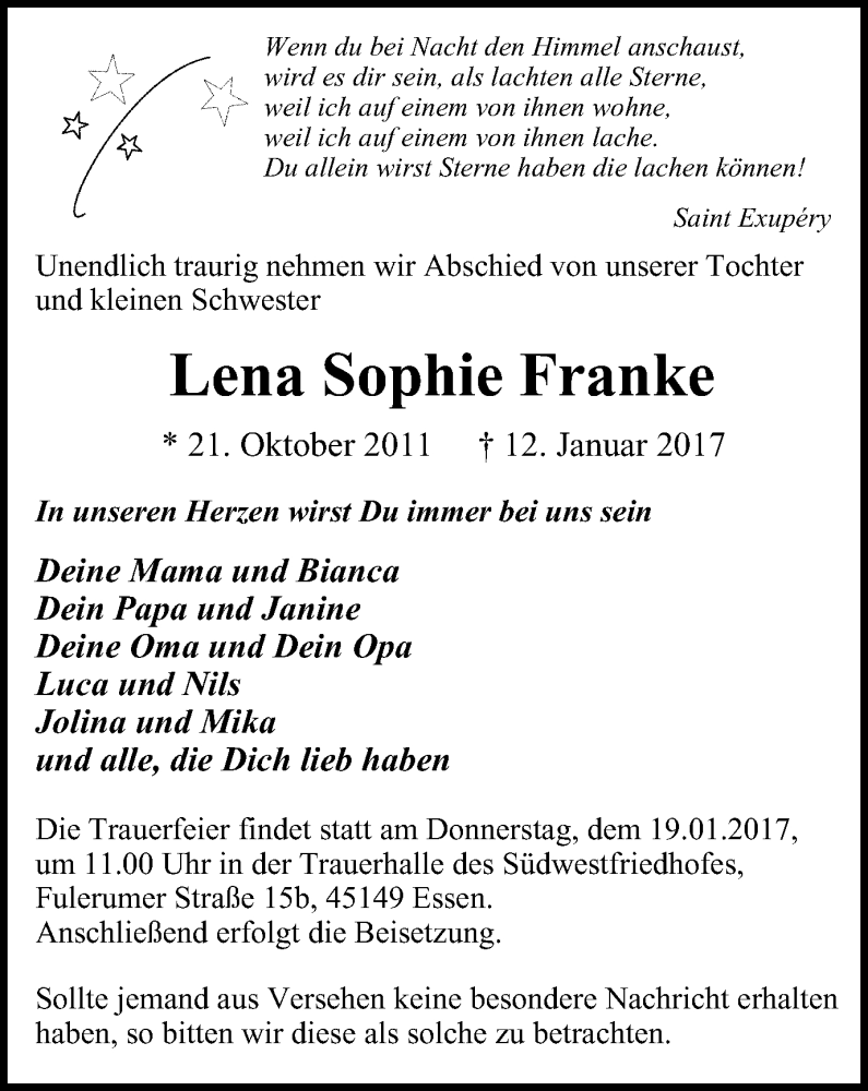  Traueranzeige für Lena Sophie Franke vom 18.01.2017 aus Stadtspiegel Essen