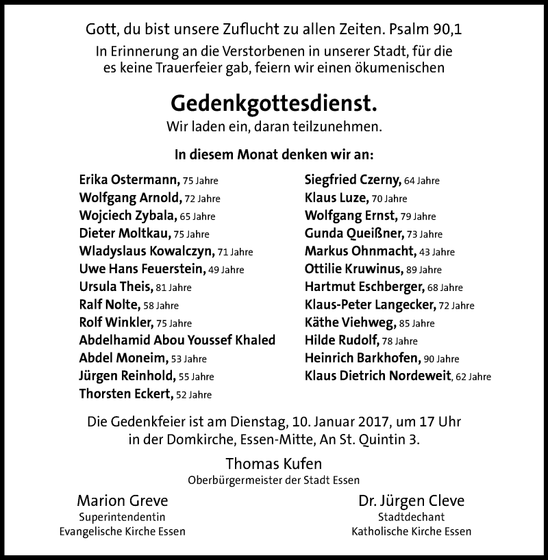  Traueranzeige für Gedenkgottesdiest  vom 07.01.2017 aus Stadtspiegel Essen