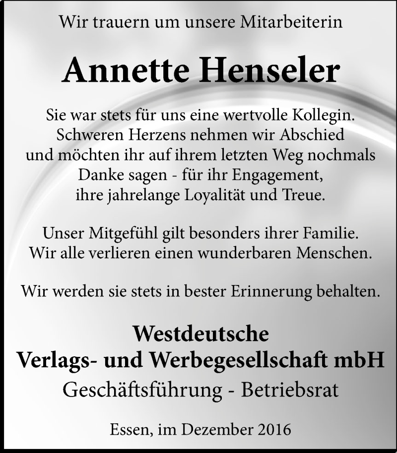  Traueranzeige für Annette Henseler vom 04.01.2017 aus Klever + Gocher Wochenblatt + Stadtanzeiger Emmerich