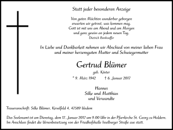 Traueranzeige von Gertrud Blümer von Stadtanzeiger Emmerich/Rees/Isselburg